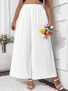 Flirla Plus Size Women's Elastic Waist Wide Leg Pants Fall Cloth For Women - White - View 5