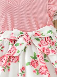 夏季嬰兒女孩粉色玫瑰印花無袖裙,附蝴蝶結和荷葉邊 - 粉色 - 查看 3