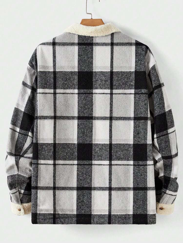 Oversized Men's Casual Patchwork Plush Grid Wool Blend Coat, For Fall Winter