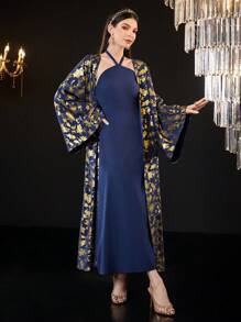 Modelyn Ladies' Gold Foil Print Coat & Solid Color Halter Dress Set 2 Piece Set Fall Cloth For Women - Navy Blue - View 3