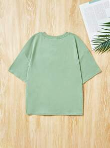SHEIN 中大童女孩針織字母刺繡寬鬆短袖休閒t恤 - 薄荷綠 - 查看 2