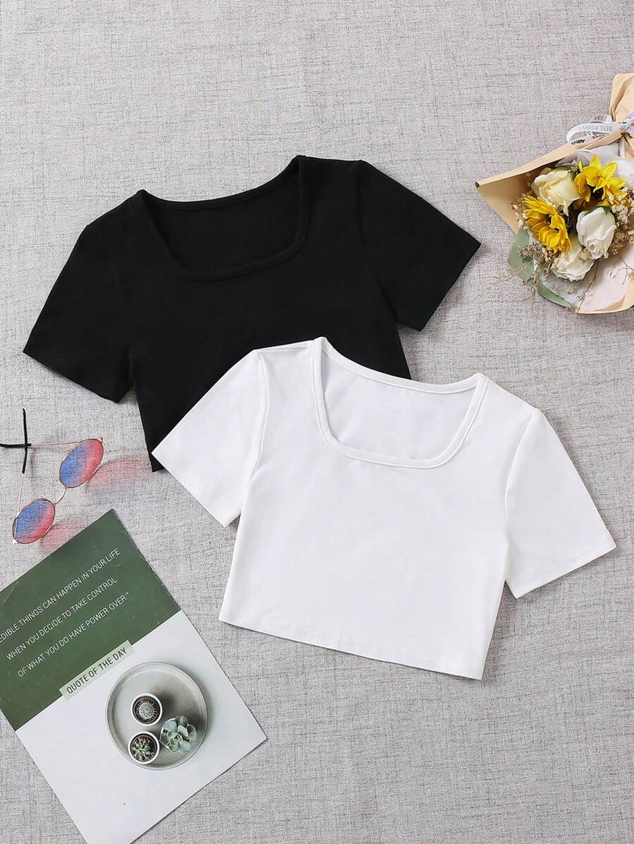Sparklyn 2pcs/Set Solid Color Short Sleeve T-Shirts For Tween Girls - Black and White - View 1
