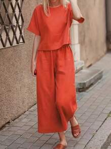 INAWLY Của phụ nữ Màu thuần Vòng cổ Bộ đồ trên và quần - Màu Cam cháy - Xem 1