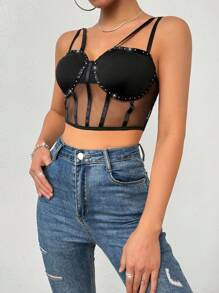 Allurite 女士鑽石裝飾網眼背心背心 - 黑色 - 查看 5