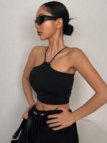 DAZY Solid Color Slim Fit Stretchy Crop Top With Halter Neck For Women Going Out Tops Festival Summer - Black - View 4
