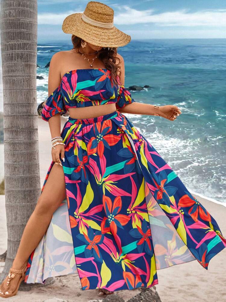 Plus Size Women's Plant Print Off Shoulder Short Sleeve Top And Double Slit Skirt Set