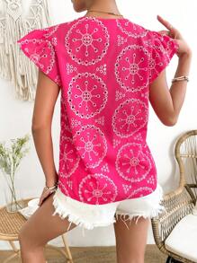 Breezaya Blusa Con Adornos De Encaje Con Bordado Recortado Hueco - Rosa Fucsia - Ver 2