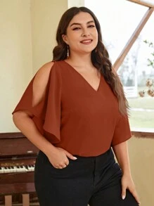 SHEIN Clasi Blusa De Talla Grande Con Mangas De Campana Con Cuello En V - Óxido marrón - Ver 4