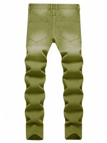 男式复古洗水做旧修身牛仔裤 - 青檸色 - 查看 2