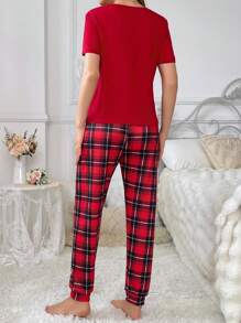 Herz Muster Kurzarm Top und karierte Hose Pyjama Set