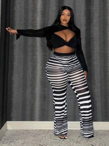 Slaydiva Plus Size Women's See-Through Striped Pants - Black - View 5
