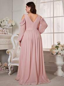 Plus Size Women Open Shoulder Long Sleeve Chiffon Bridesmaid Dress - Pink - View 2
