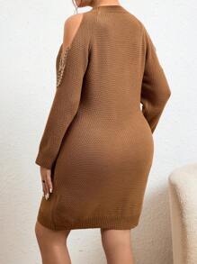 SHEIN LUNE 大尺碼,鏈條裝飾空心肩長袖毛衣裙 - 卡其色 - 查看 2
