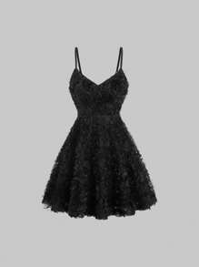 Sweetra Romantic 3d Flower Dress With A-Line Dress And Spaghetti Straps - Black - View 1