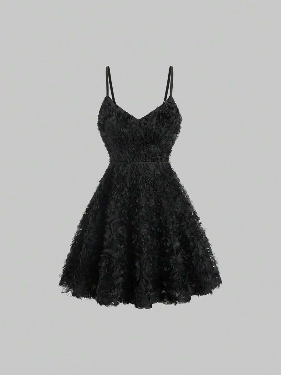 Sweetra Romantic 3d Flower Dress With A-Line Dress And Spaghetti Straps - Black - View 1