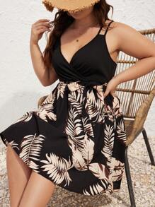 SHEIN Frenchy Plus Size Women's Tropical Plant Print Cami Dress - Black - View 6