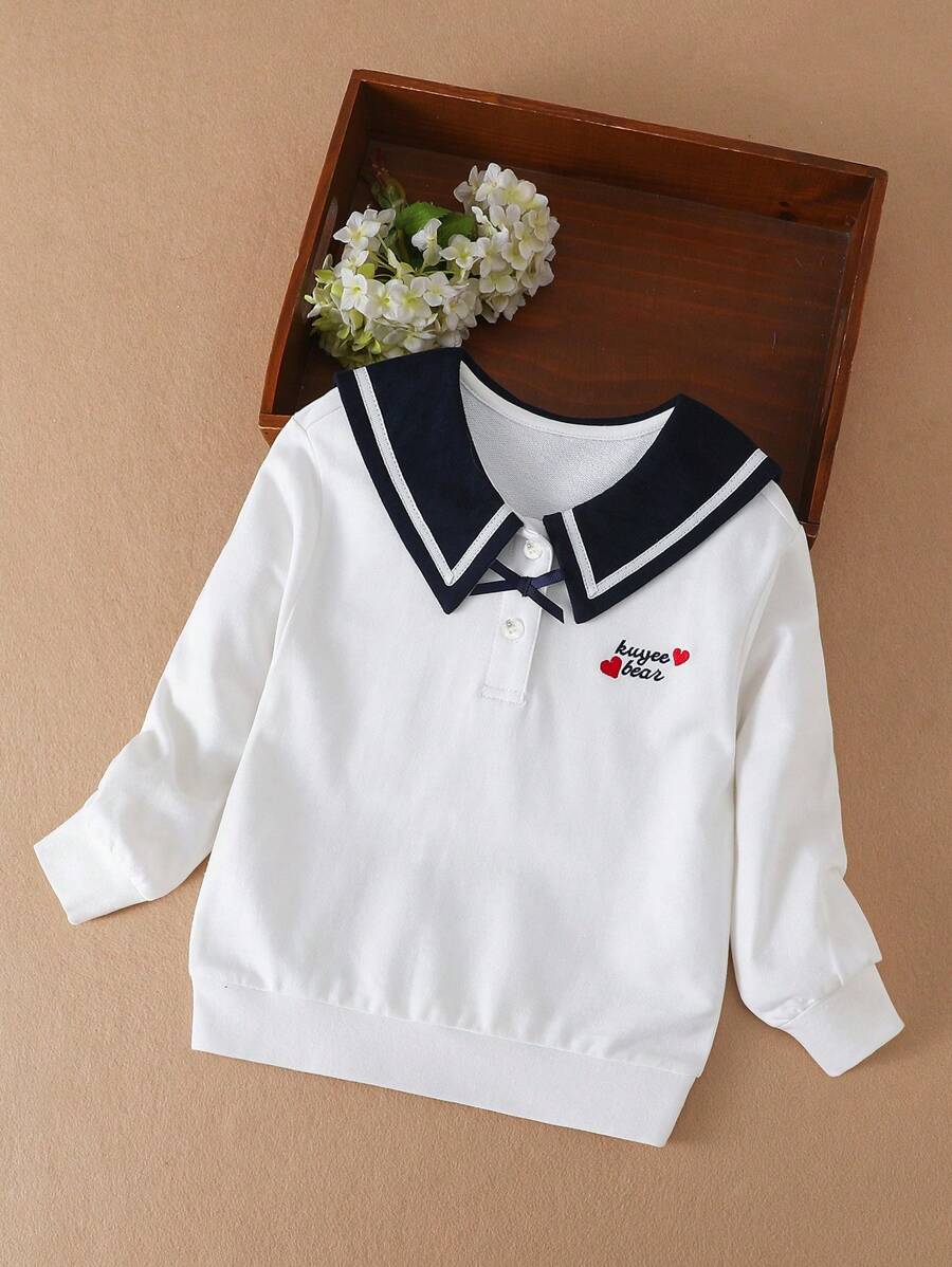 年轻女孩学院风撞色领运动衫,春/秋 - 白色 - 查看 1