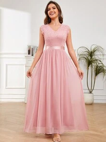 Ren tương phản Cổ v Chi tiết xếp nếp Chiffon Chính thức Váy phù dâu Phù dâu Lễ cưới Khách mời Đầm - Bụi hồng - Xem 4