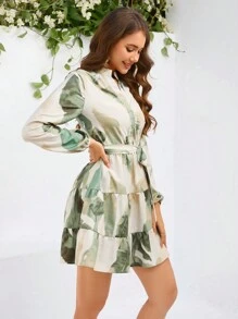 SHEIN VCAY 印花長袖襯衫連身裙 - 彩色 - 查看 4