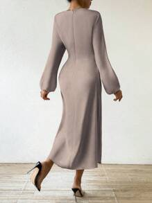 Chiquease Women's Lantern Sleeve Dress With 3d Floral Decoration - Camel - View 2