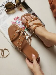 SHUZIA Women's Fashionable Flat Sandals With Cross Straps And Rivets Embellishment - Brown - View 4