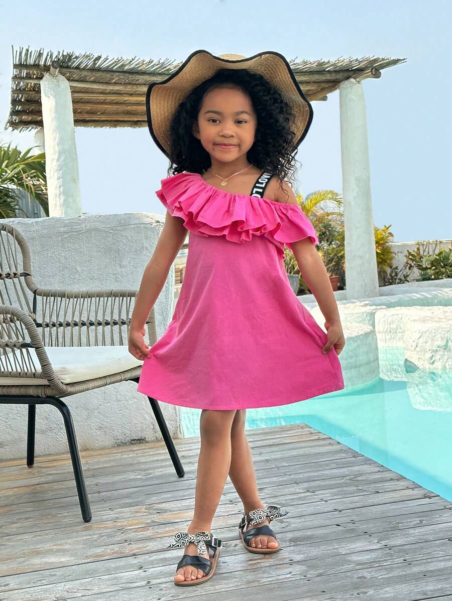 SHEIN Young Girl Urban Fashion One Shoulder Ruffle Hem Dress For Spring/Summer - Hot Pink - View 1