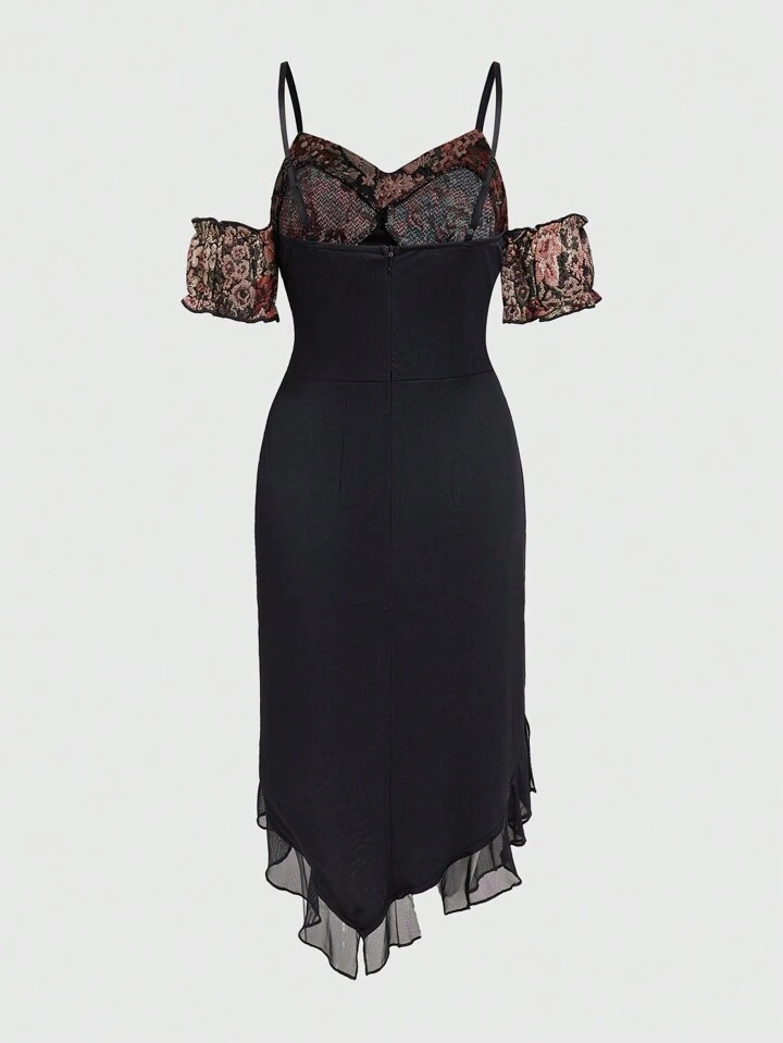 Our Fairycore Retro Floral Patchwork Spaghetti Strap Open Shoulder Fitted  Asymmetric Ruffle Hem Dress For Women is such a vibe - ROMWE