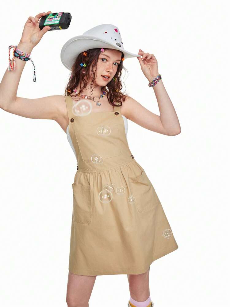 Summer Women's Sleeveless Dungaree Dress With Double Pockets