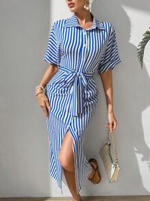 Chiquease Striped Batwing Sleeve Shirt Dress - Blue - View 6