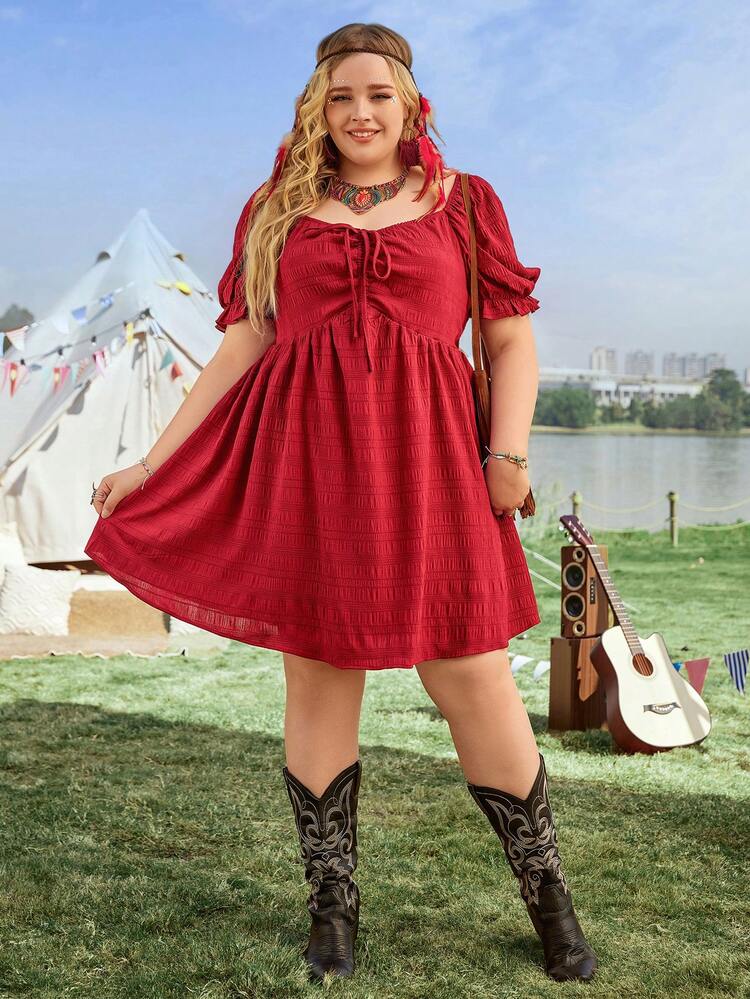 Plus Size Women's Sweetheart Neck Short Sleeve Dress