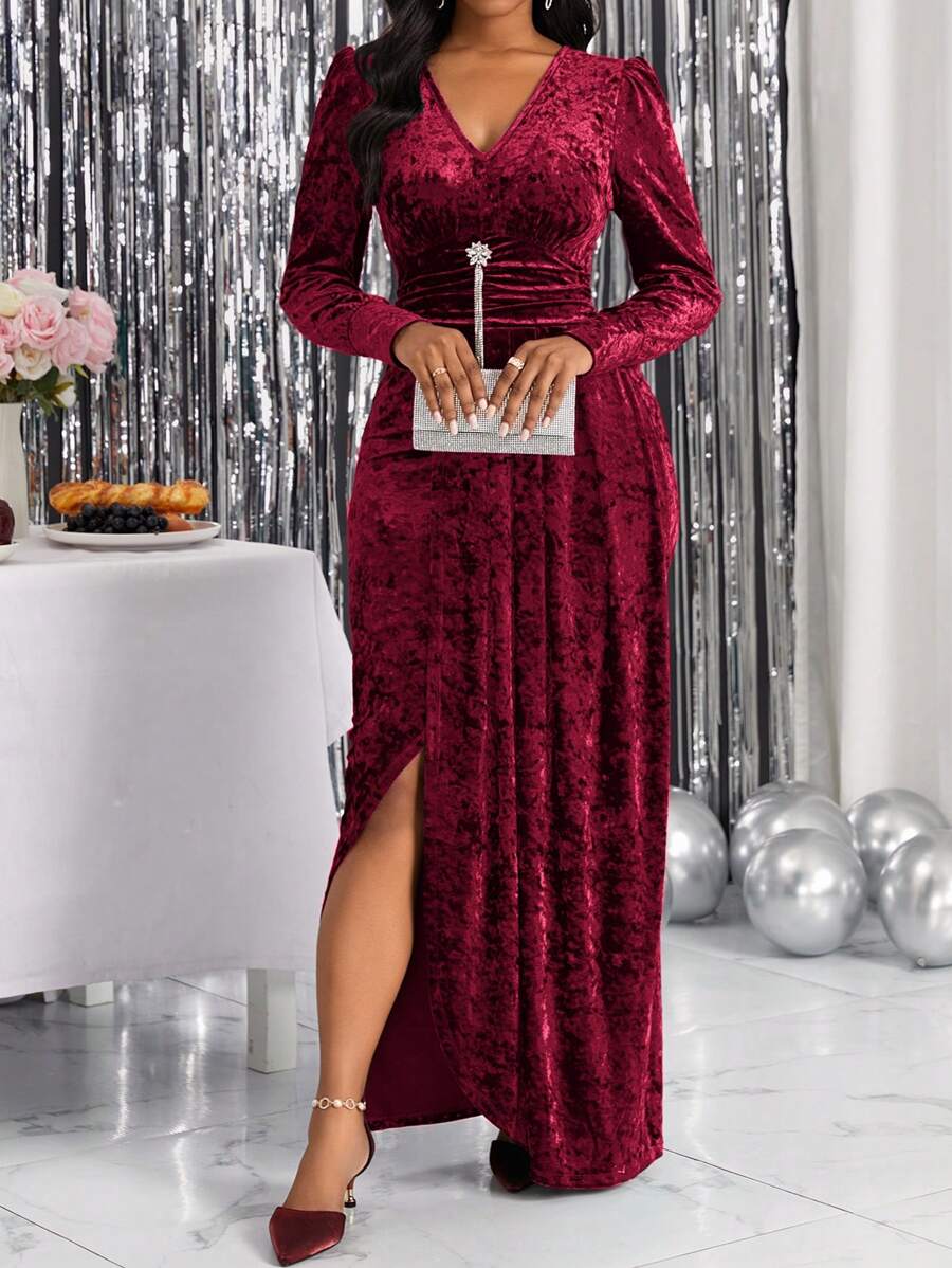 SHEIN Lady Women's Puff Sleeve Front Split Dress - Burgundy - View 1