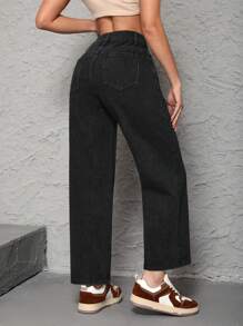 SHEIN PETITE Women's Mid-Rise Straight Leg Jeans - Black - View 2