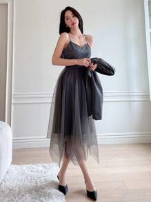 DAZY 女士网纱拼接吊带连衣裙和西装外套两件套，秋季商务装 - 灰色 - 查看 4