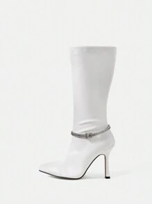 CUCCOO SZL Sexy Fashionable White Pu Diamond Strap Decoration Pointed Toe High Heel Over The Knee Boots For Women