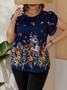 EMERY ROSE Plus Size Petal Sleeve Round Neck Floral Print Blue Summer Shirt