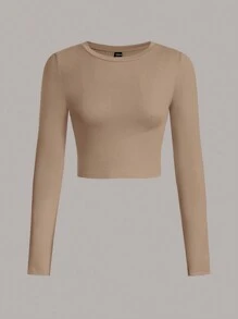 SHEIN EZwear 2 件纯色休闲圆领长袖修身女式 T 恤，适合春秋季节 - 彩色 - 查看 3