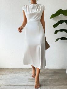 Chiquease Ladies' Satin Texture Pleated Cap Sleeve Dress - White - View 4