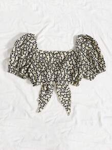 Chiquease Ditsy Floral Tie Front Puff Sleeve Crop Top - Multicolor - View 2