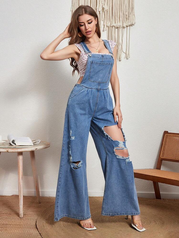 Women's Pocket & Front Ripped Denim Overalls