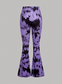 SHEIN ChillGRL Teen Girls' Butterfly & Letter Printed Short Sleeve T-Shirt And Tie Dye Flare Pants Set