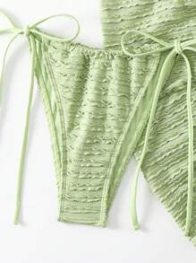 Swim Basics Summer Beach Solid Color Textured Bikini Set With Knot Detail Side + Swim Skirt Music Festival - Dark Green - View 6