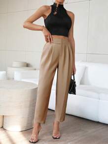 Firerie Solid Color Pleated Trousers For Women - Khaki - View 3