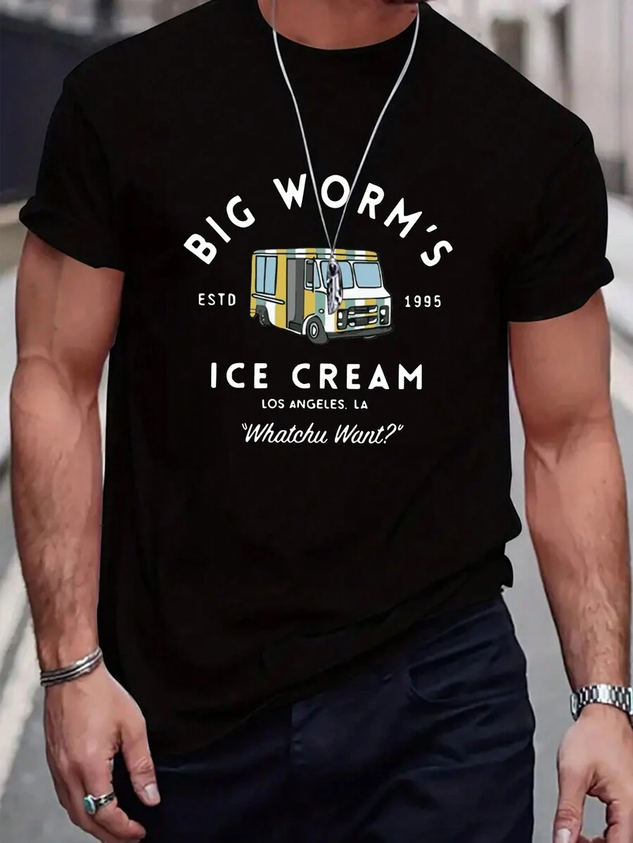 Men's Plus Size Car & Letter Printed T-Shirt - Black - View 1