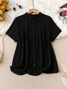 SHEIN LUNE 大尺碼女士短袖襯衫,帶下擺式領 - 黑色 - 查看 1