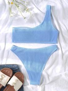 SHEIN Swim 紋理質感比基尼套裝單肩上衣和露臀下裝2入組泳衣 - 淺藍色 - 查看 4