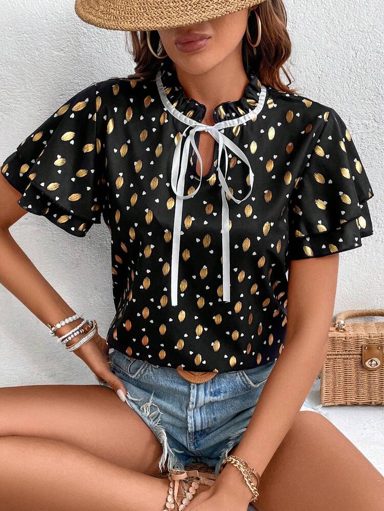 Women's Gold Foil Polka Dot Heart Print Tie Neck Blouse