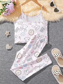 SHEIN Tween女孩編織可愛紋路背心上衣與編織褲舒適貼合家居套裝 - 淺粉色 - 查看 2
