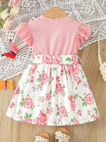夏季嬰兒女孩粉色玫瑰印花無袖裙,附蝴蝶結和荷葉邊 - 粉色 - 查看 2