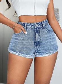 SHEIN SXY 女士修身牛仔短褲,配有削邊設計 - 藍色 - 查看 4
