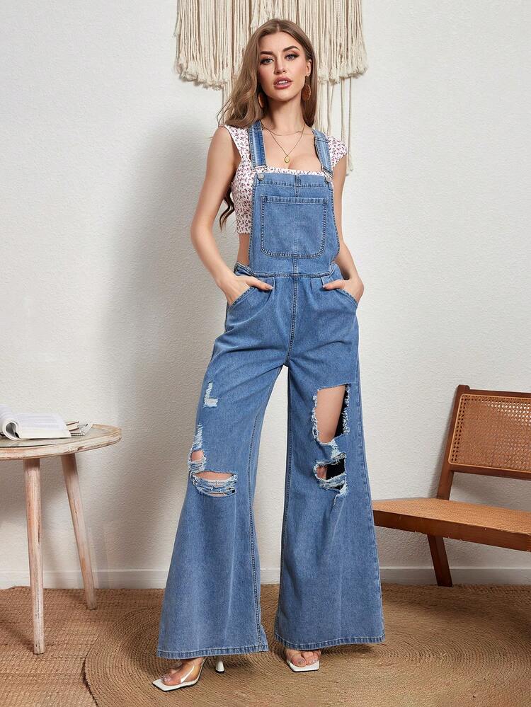 Women's Pocket & Front Ripped Denim Overalls